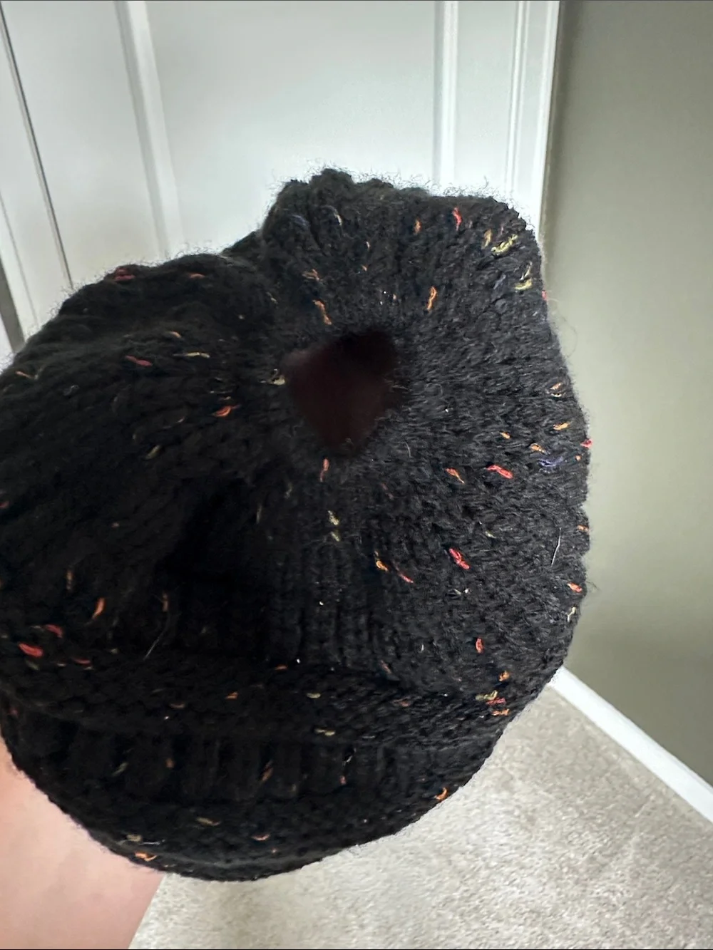 C.C Black Knit Beanie with Opening for Hair